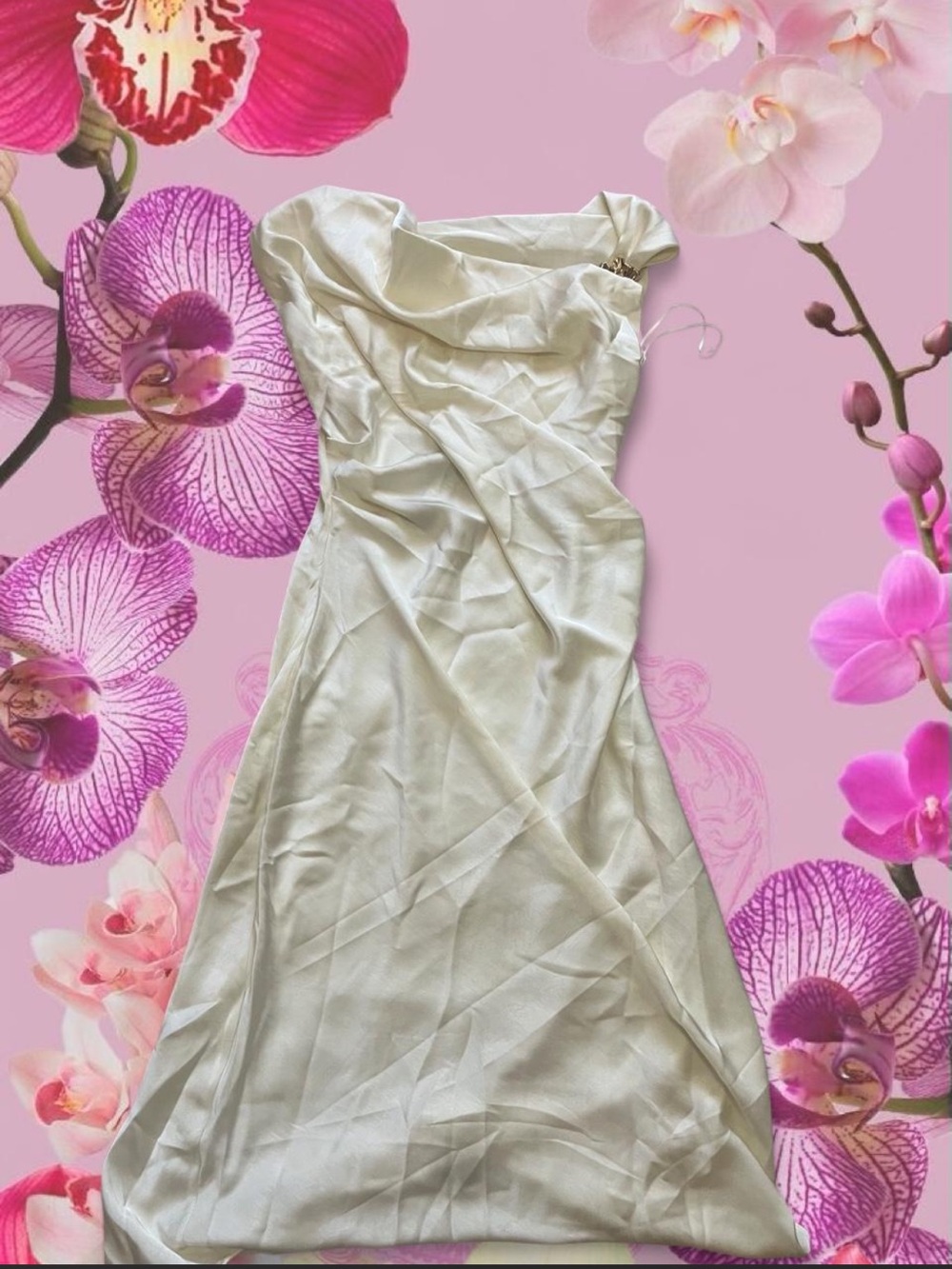Fashion Nova Cream Asymmetrical Satin Draped Dress- Jazlyn Rouched